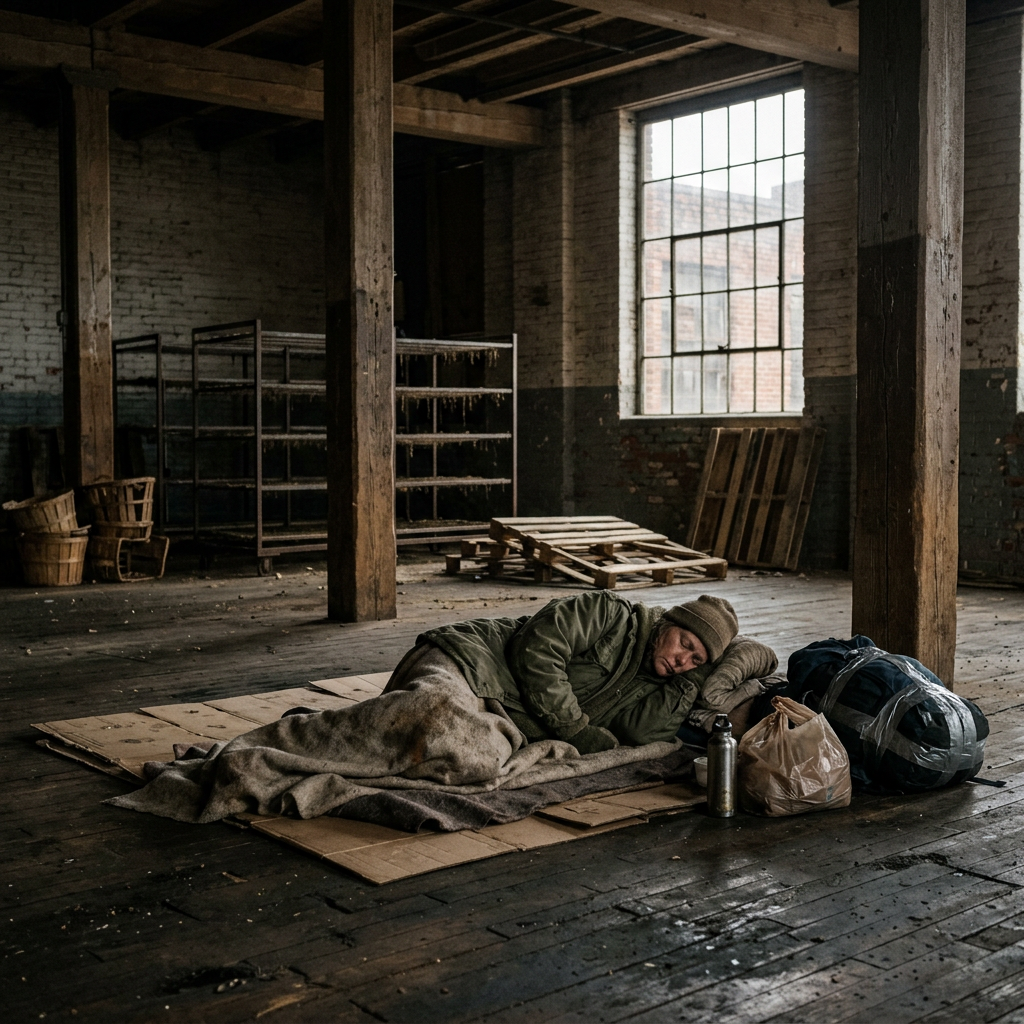 Homeless person resting in abandoned warehouse Homeless person lying on cardboard floor with blankets and belongings in a dimly lit warehouse